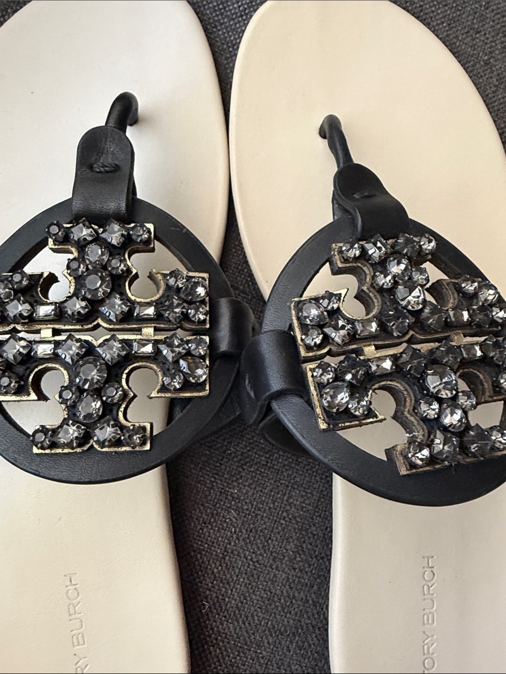 Tory Burch Black Jeweled Logo Thong Sandals with Cream Footbed - Picture 5 of 7